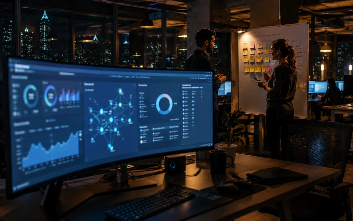 Futuristic particle streams and data visualization in cyan and blue